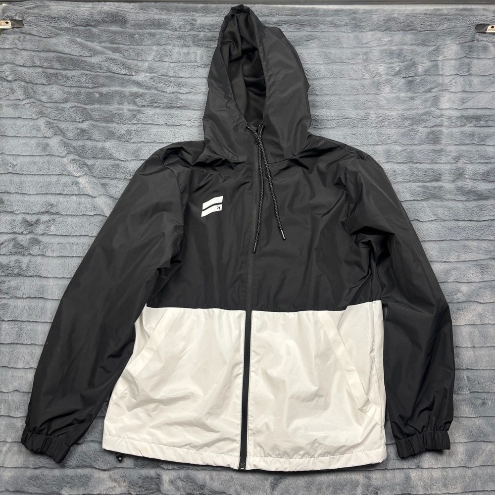 Hurley Mens Windbreaker Jacket Black White Colorblock Hooded Full Zip Large
